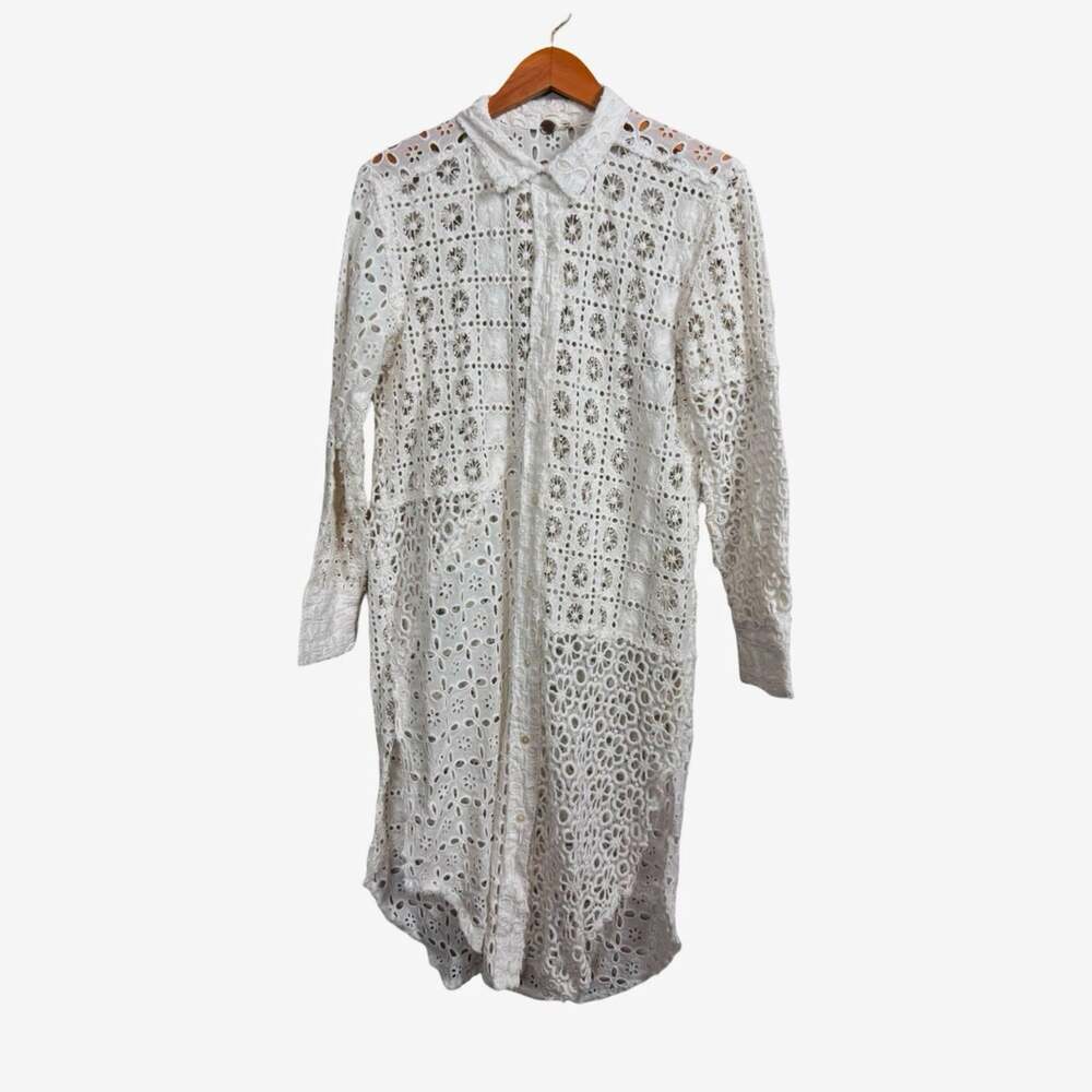 FP ONE White Floral Eyelet Lace Shirt Dress Collared Long Sleeve Button M
